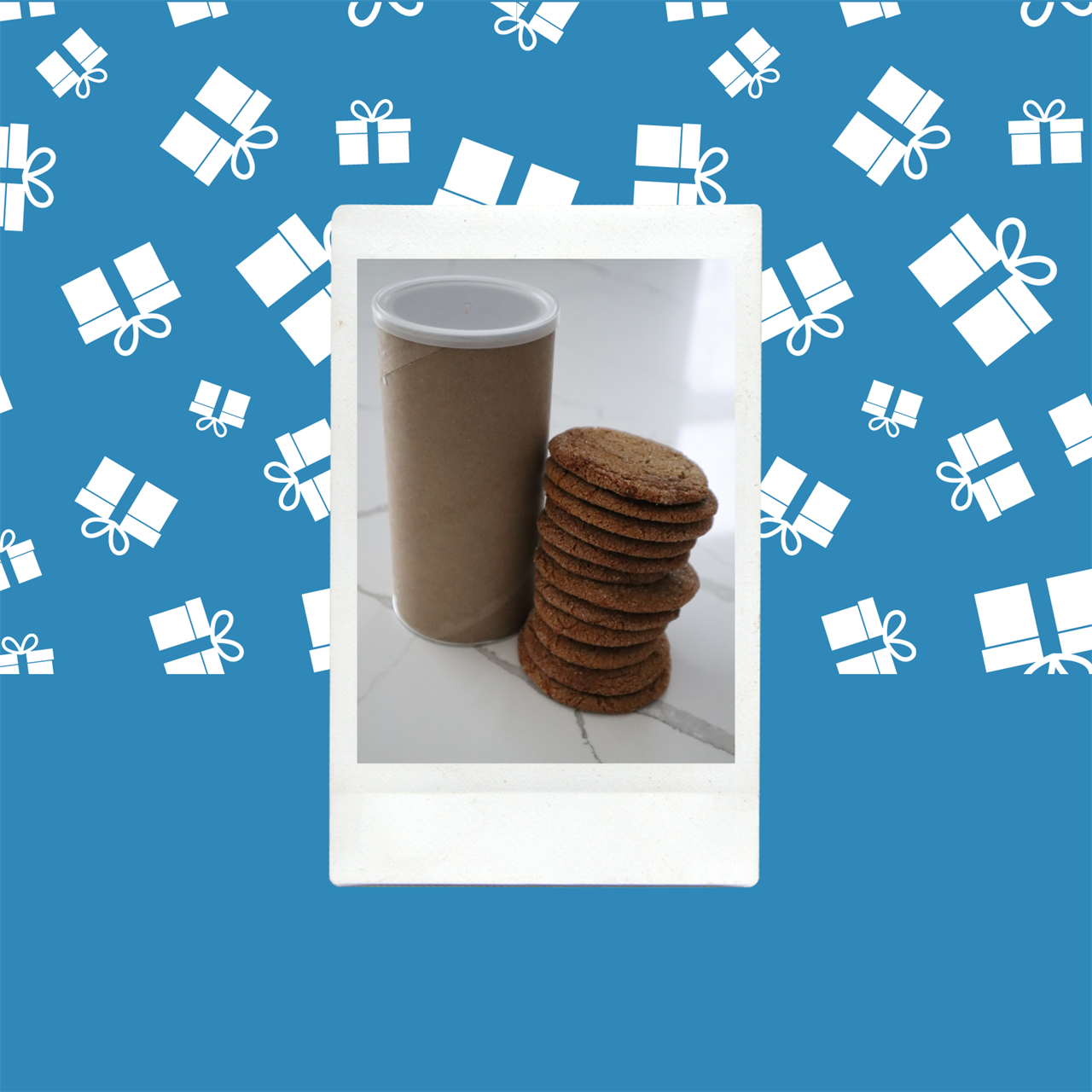 empty cardboard canister next to a stack of ginger cookies